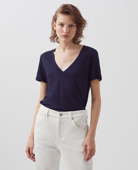 SARAH - T-Shirt mit V-Ausschnitt aus Leinen 4232 maritime blue 3ste082f05