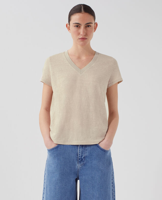SARAH - T-Shirt mit V-Ausschnitt aus Leinen J020 beige lining