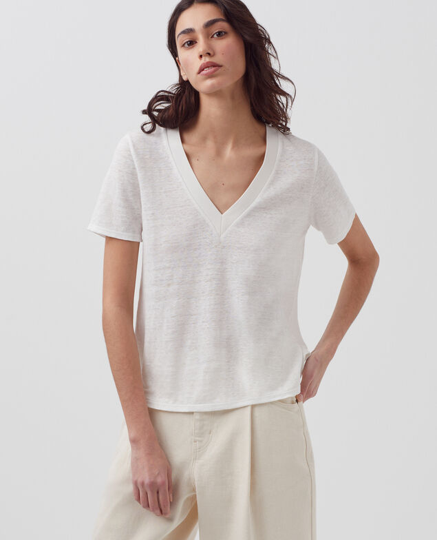 SARAH - T-Shirt mit V-Ausschnitt aus Leinen H001 brillant white