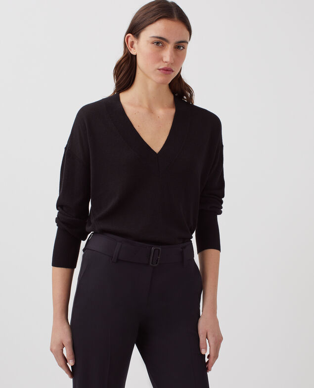 Pullover mit V-Ausschnitt aus Wolle und Seide H091 black beauty