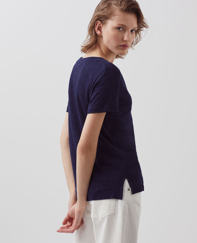 SARAH - T-Shirt mit V-Ausschnitt aus Leinen 4232 maritime blue 3ste082f05