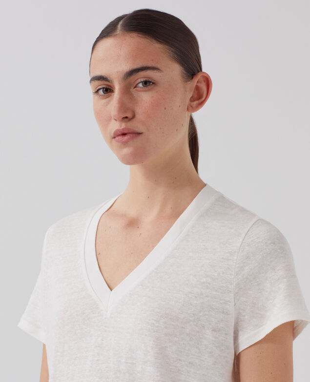 SARAH - T-Shirt mit V-Ausschnitt aus Leinen U010 off white