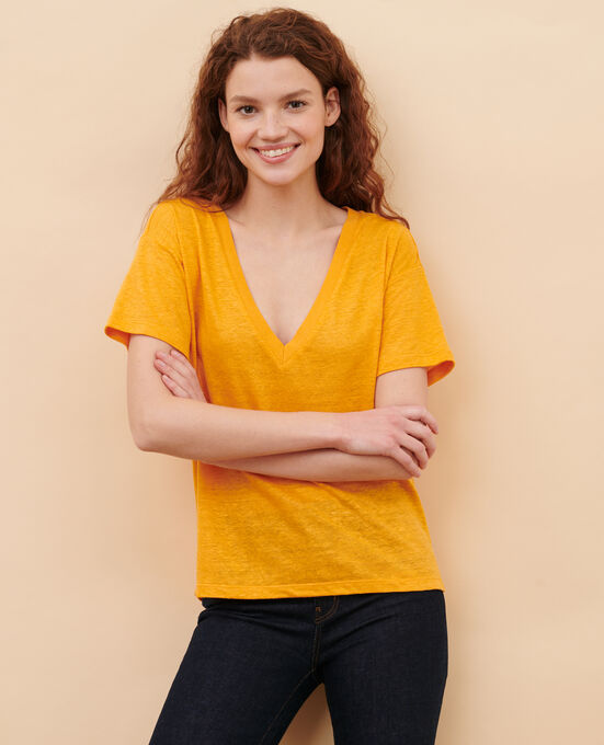 SARAH - T-Shirt mit V-Ausschnitt aus Leinen 23 ORANGE