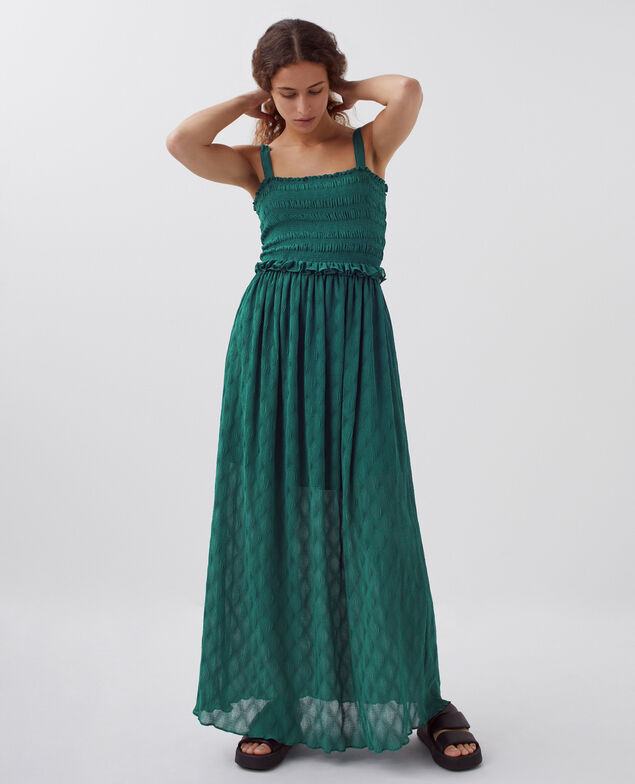 Fließend fallendes, langes gesmocktes Kleid H644 spruced-up blue