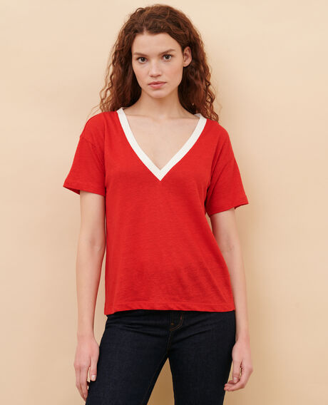 SARAH - T-Shirt mit V-Ausschnitt aus Leinen 5039c str fieryred gardenia Locmelar