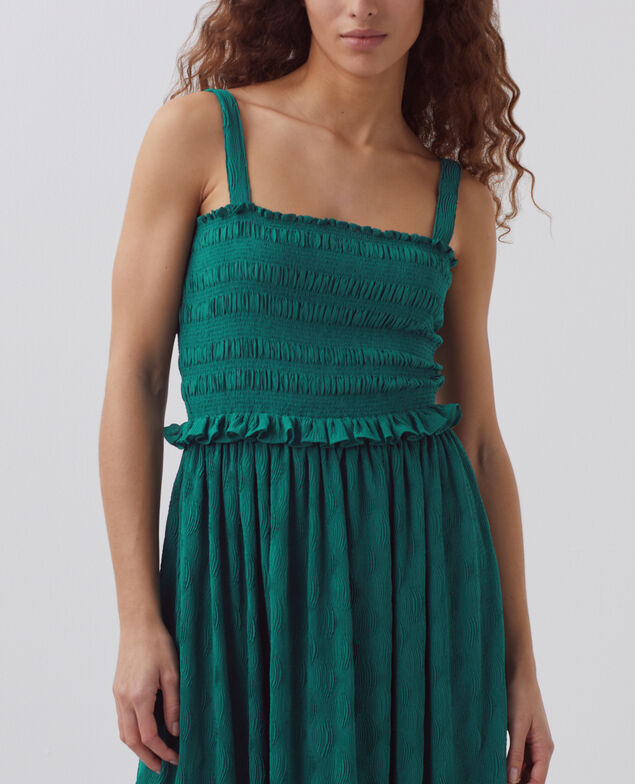 Fließend fallendes, langes gesmocktes Kleid H644 spruced-up blue
