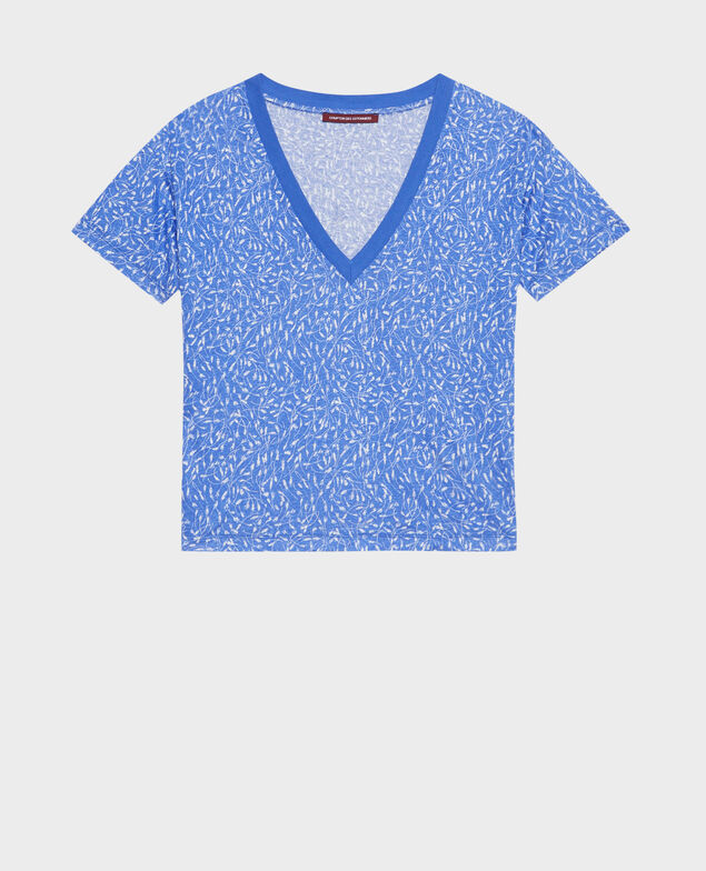SARAH - T-Shirt mit V-Ausschnitt aus Leinen 91 print blue