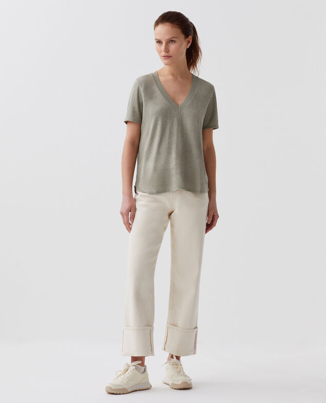 SARAH - T-Shirt mit V-Ausschnitt aus Leinen H050 vetiver