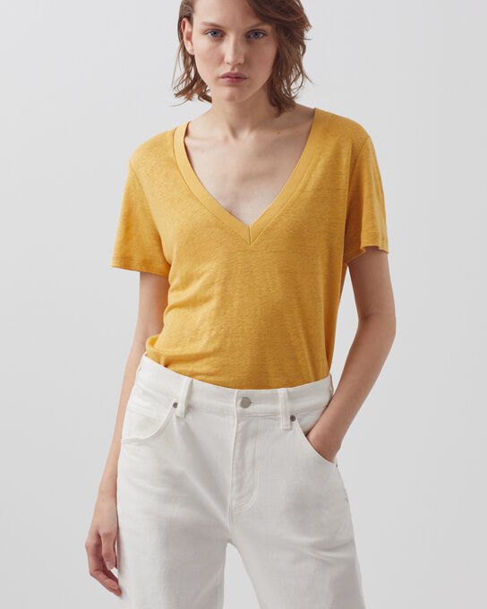 SARAH - T-Shirt mit V-Ausschnitt aus Leinen 0460 OCHRE YELLOW