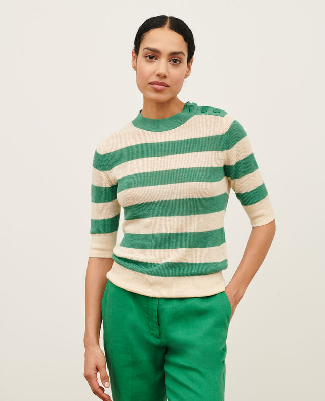 Kurzärmliger Pullover aus Leinen 0551 pine green stripes