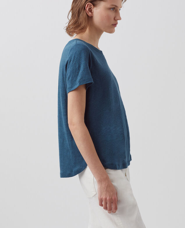 AMANDINE - T-Shirt mit Rundhalsausschnitt aus Leinen A662 solid blue duck