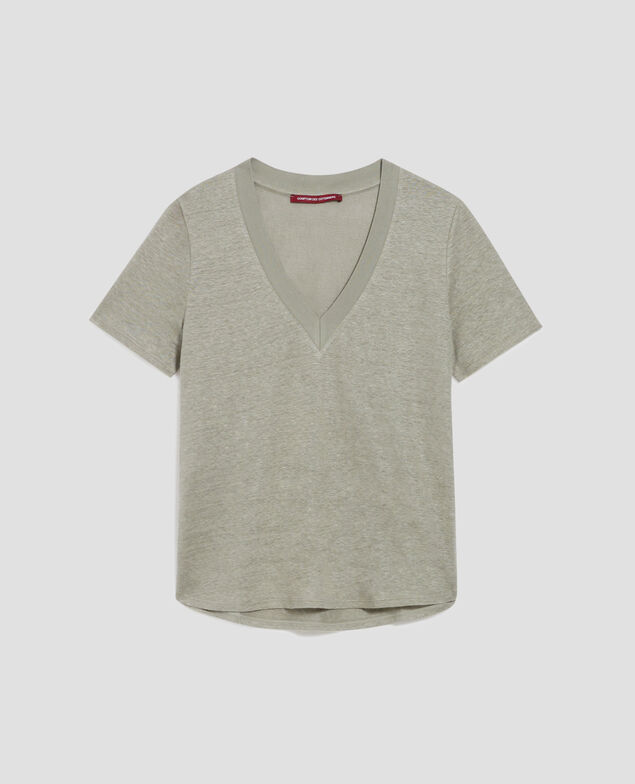 SARAH - T-Shirt mit V-Ausschnitt aus Leinen H050 vetiver