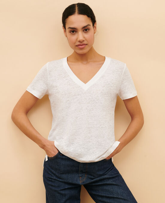 SARAH - T-Shirt mit V-Ausschnitt aus Leinen 4235 OPTICAL WHITE