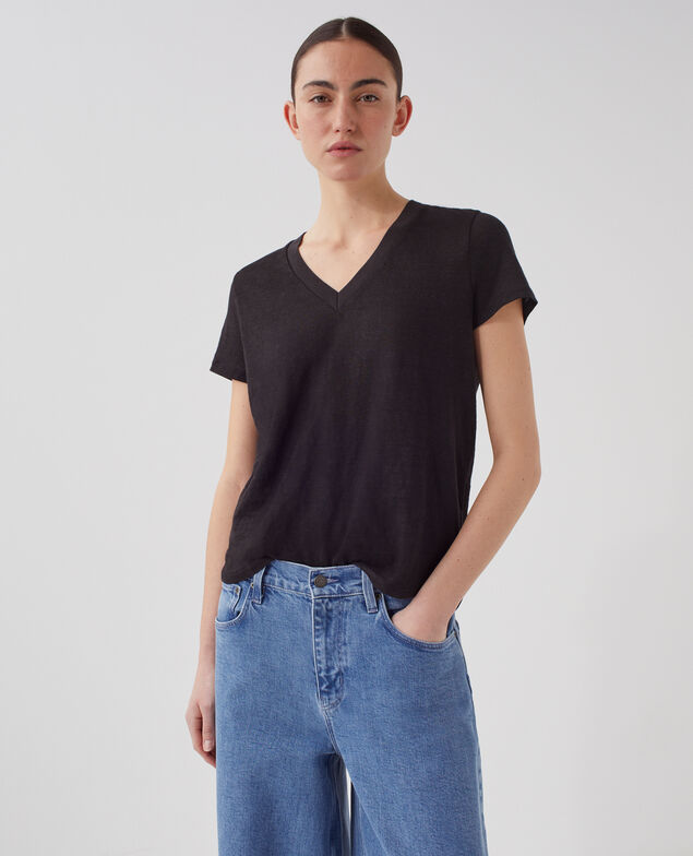 SARAH - T-Shirt mit V-Ausschnitt aus Leinen H091 black beauty