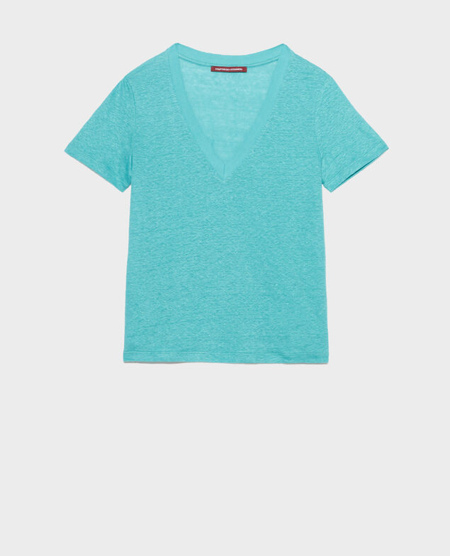 SARAH - T-Shirt mit V-Ausschnitt aus Leinen 0611 pagoda blue blue