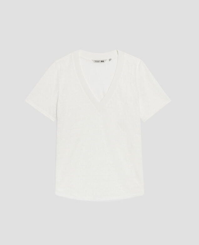 SARAH - T-Shirt mit V-Ausschnitt aus Leinen U010 off white