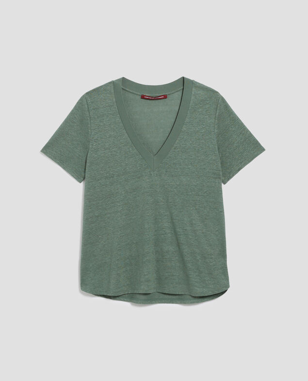 SARAH - T-Shirt mit V-Ausschnitt aus Leinen H542 darkforest