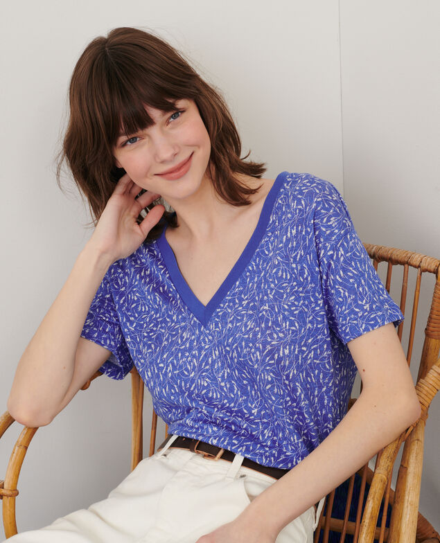 SARAH - T-Shirt mit V-Ausschnitt aus Leinen 91 print blue