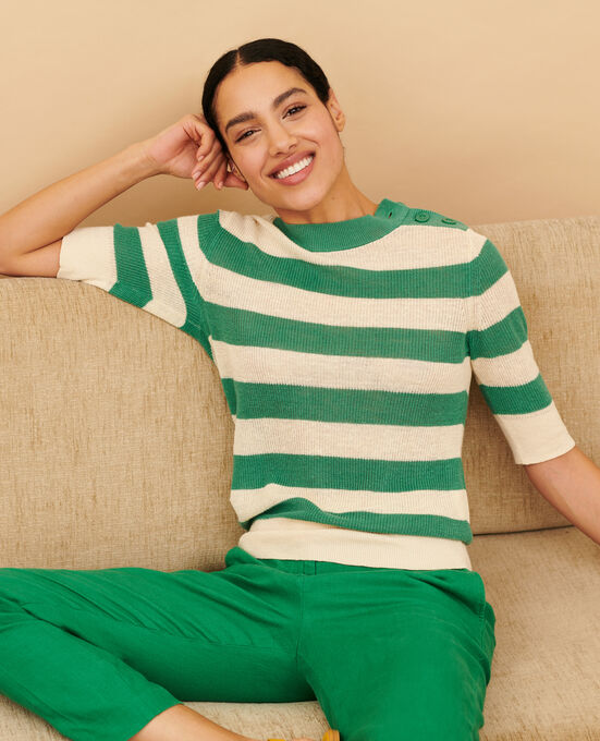 Kurzärmliger Pullover aus Leinen 0551 PINE GREEN STRIPES