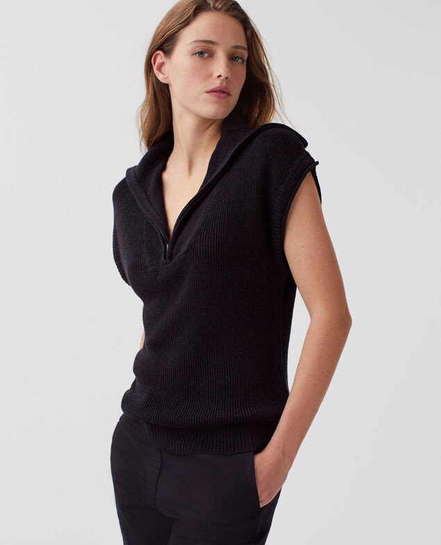 Ärmelloser Pullover mit Reißverschlusskragen aus Leinen H091 black beauty