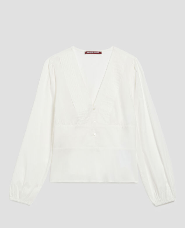 Bluse mit V-Ausschnitt aus Baumwolle H013 gardenia