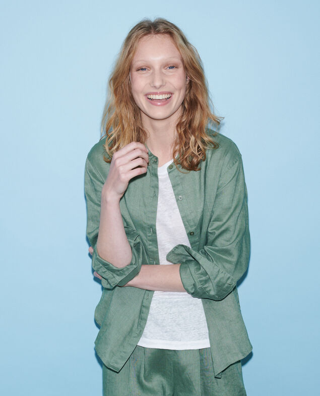 Bluse ohne Kragen aus Leinen 52 green