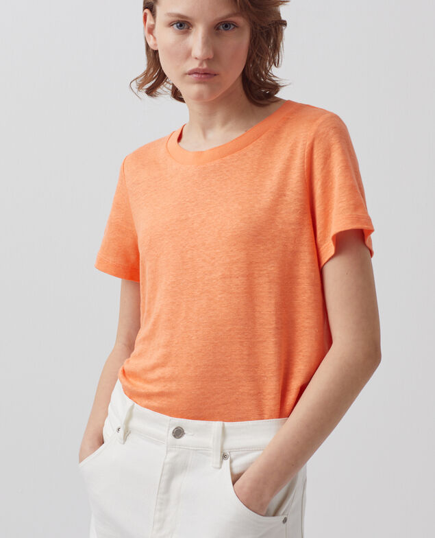 AMANDINE - T-Shirt mit Rundhalsausschnitt aus Leinen A233 solid corail orange