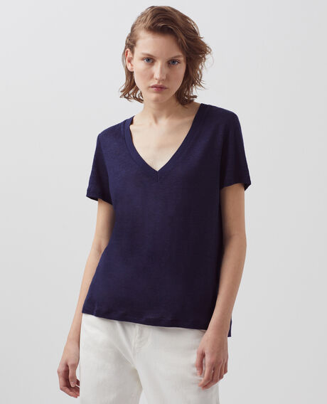 SARAH - T-Shirt mit V-Ausschnitt aus Leinen 4232 maritime blue 3ste082f05