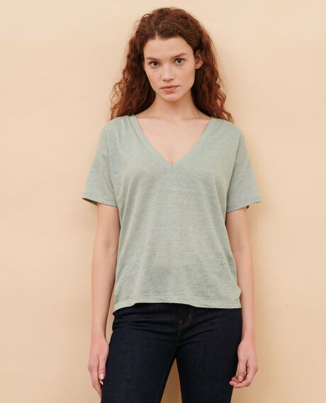 SARAH - T-Shirt mit V-Ausschnitt aus Leinen 54 green Locmelar