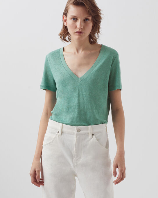 SARAH - T-Shirt mit V-Ausschnitt aus Leinen 0520 VERT EMAIL