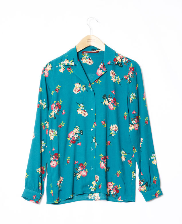 Bluse mit Pyjamakragen Fleurs pacific green