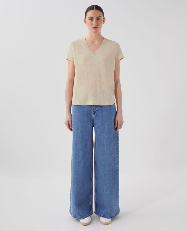 SARAH - T-Shirt mit V-Ausschnitt aus Leinen J020 beige lining