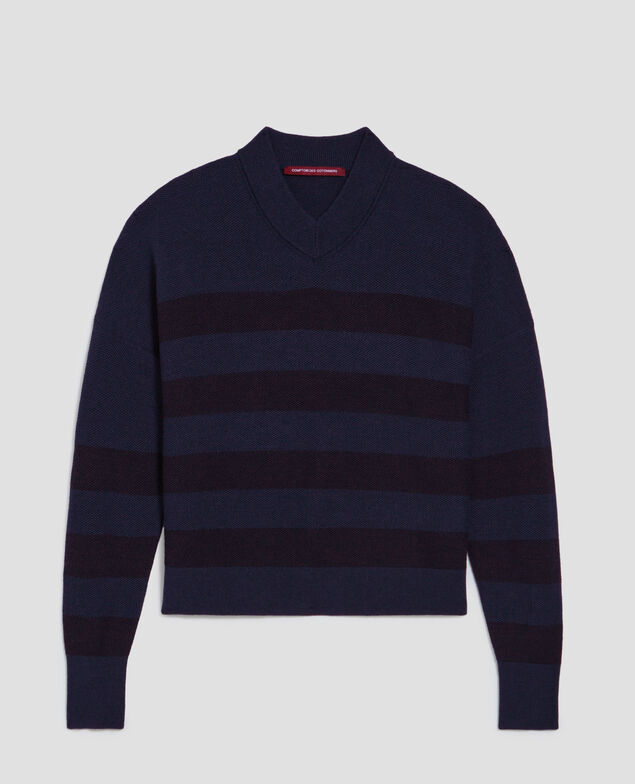Marinepullover aus Merinowolle mit V-Ausschnitt J092 st blue black