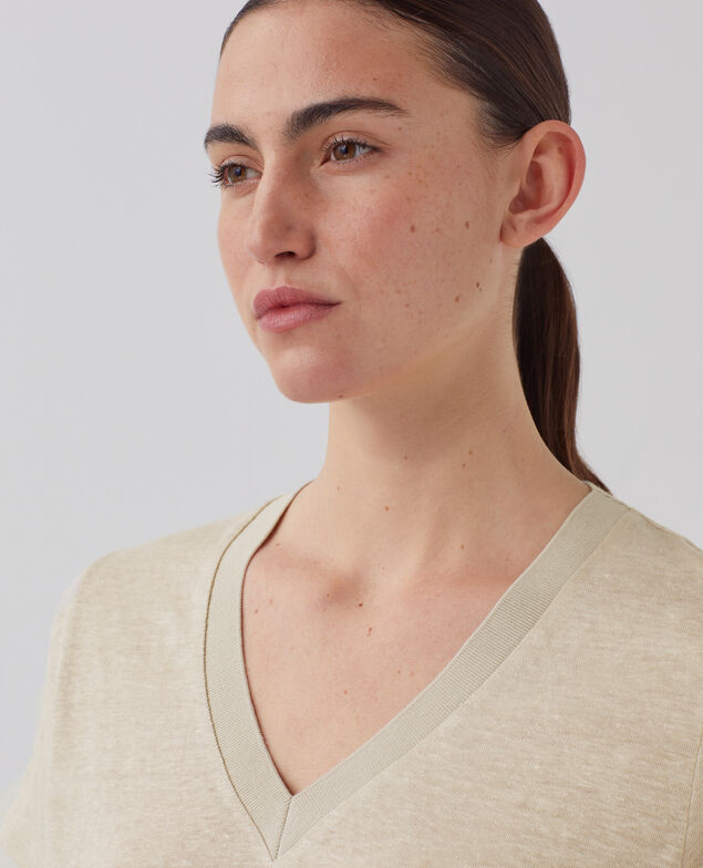SARAH - T-Shirt mit V-Ausschnitt aus Leinen J020 beige lining