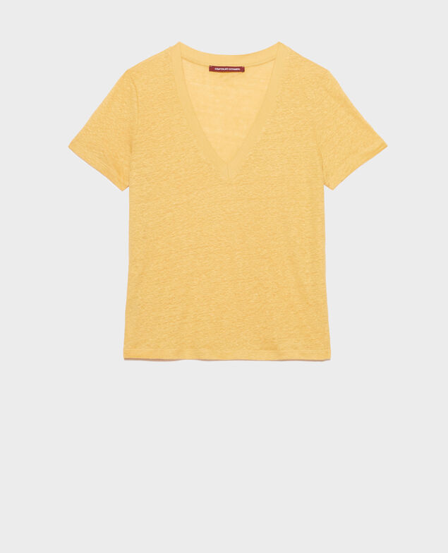 SARAH - T-Shirt mit V-Ausschnitt aus Leinen 0460 ochre yellow