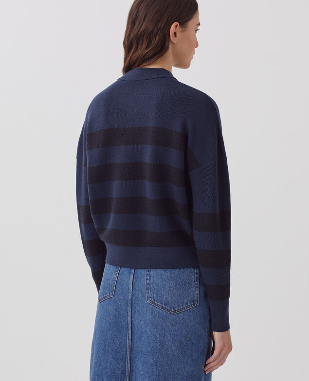 Marinepullover aus Merinowolle mit V-Ausschnitt J092 st blue black