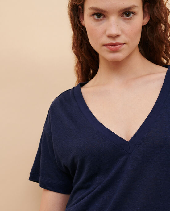 SARAH - T-Shirt mit V-Ausschnitt aus Leinen MARITIME BLUE