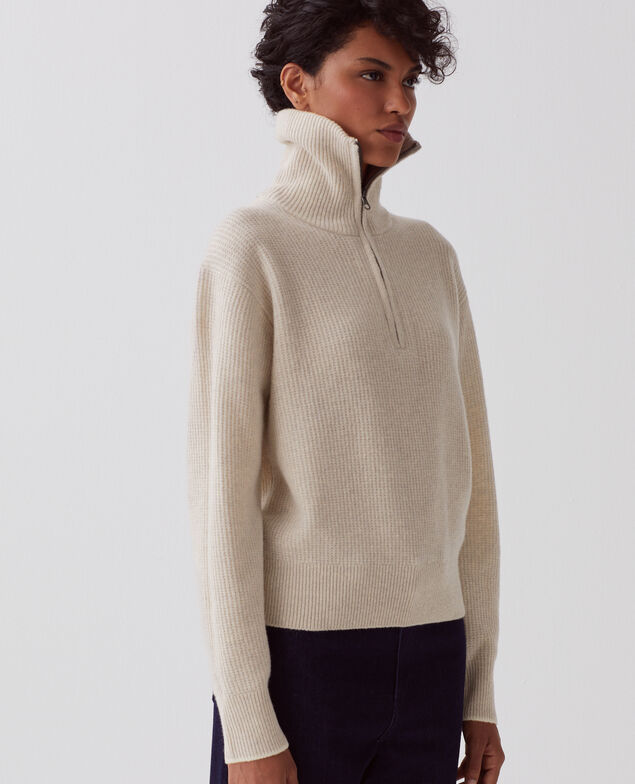 Rollkragenpullover mit Reißverschluss aus Wolle U300 natural