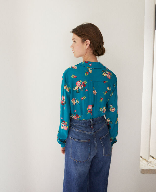 Bluse mit Pyjamakragen Fleurs pacific green