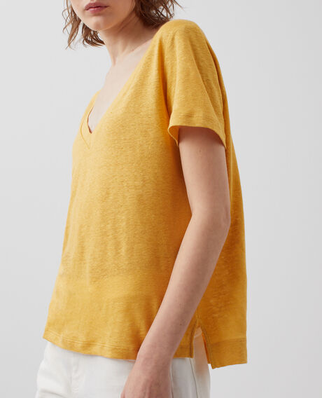 SARAH - T-Shirt mit V-Ausschnitt aus Leinen 0460 ochre yellow 3ste082f05