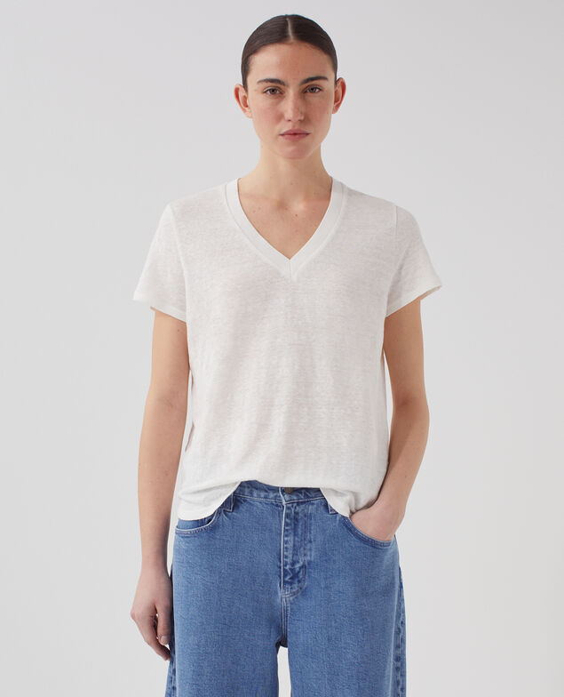 SARAH - T-Shirt mit V-Ausschnitt aus Leinen U010 off white