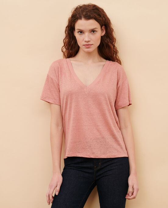 SARAH - T-Shirt mit V-Ausschnitt aus Leinen 13 PINK
