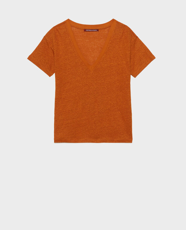 SARAH - T-Shirt mit V-Ausschnitt aus Leinen Pumpkin spice