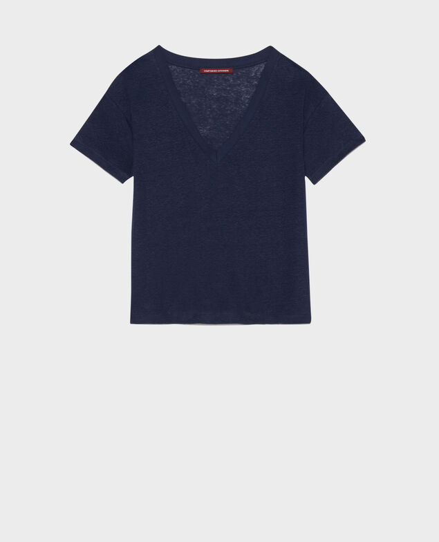 SARAH - T-Shirt mit V-Ausschnitt aus Leinen Maritime blue