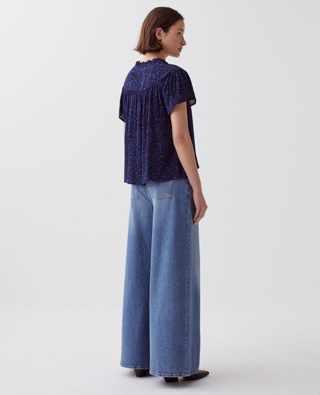Fließend fallende Kurzarmbluse I662 batik navy