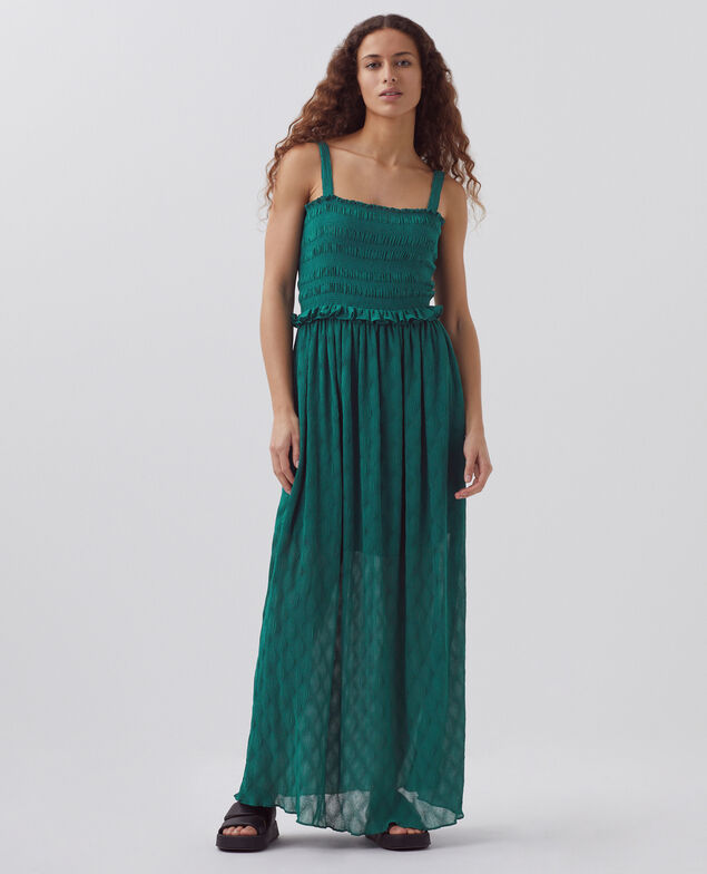 Fließend fallendes, langes gesmocktes Kleid H644 spruced-up blue