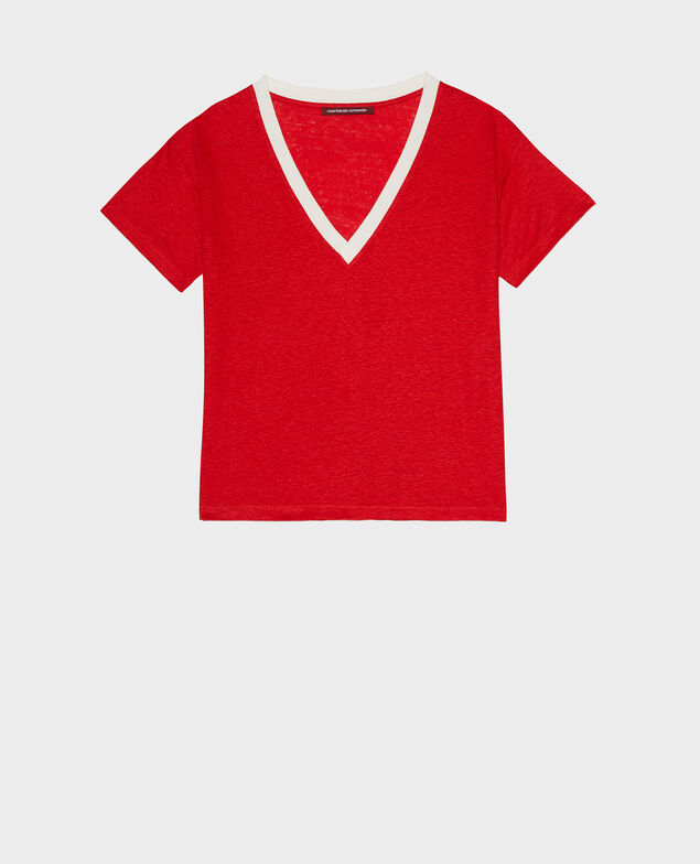 SARAH - T-Shirt mit V-Ausschnitt aus Leinen 5039c str fieryred gardenia