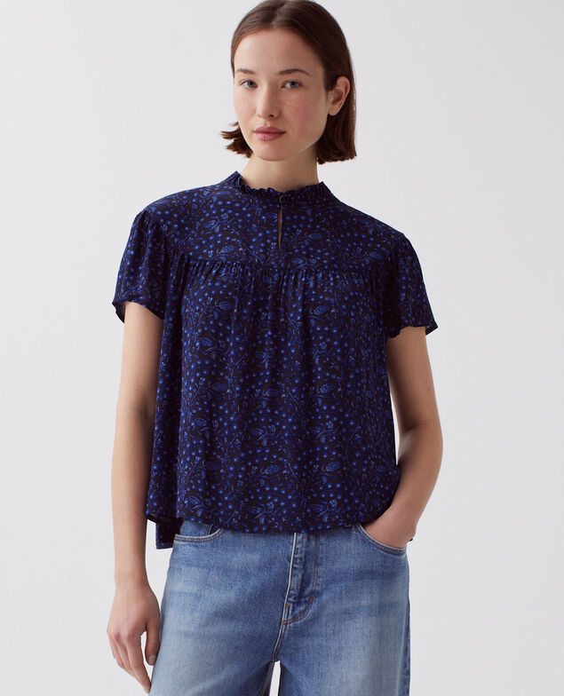 Fließend fallende Kurzarmbluse I662 batik navy
