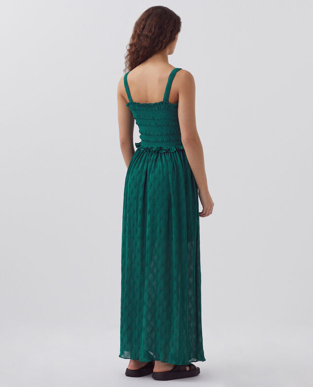 Fließend fallendes, langes gesmocktes Kleid H644 spruced-up blue