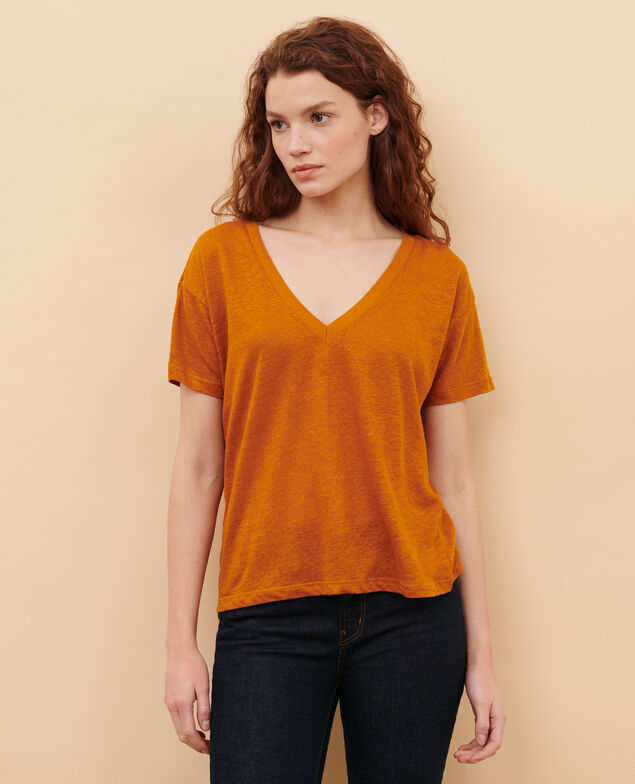 SARAH - T-Shirt mit V-Ausschnitt aus Leinen Pumpkin spice Locmelar
